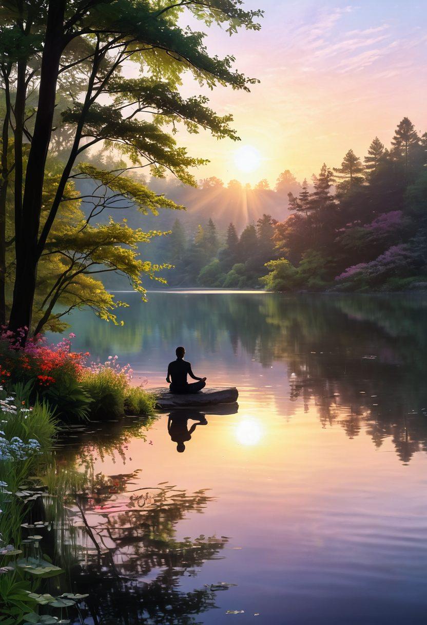 A serene landscape featuring a sunrise over a tranquil lake, with a silhouette of a person meditating on the shore, surrounded by lush greenery and blossoming flowers. Soft rays of sunlight breaking through the trees symbolizing hope and joy. Include light pastel colors to evoke a sense of peace and happiness. super-realistic. vibrant colors.