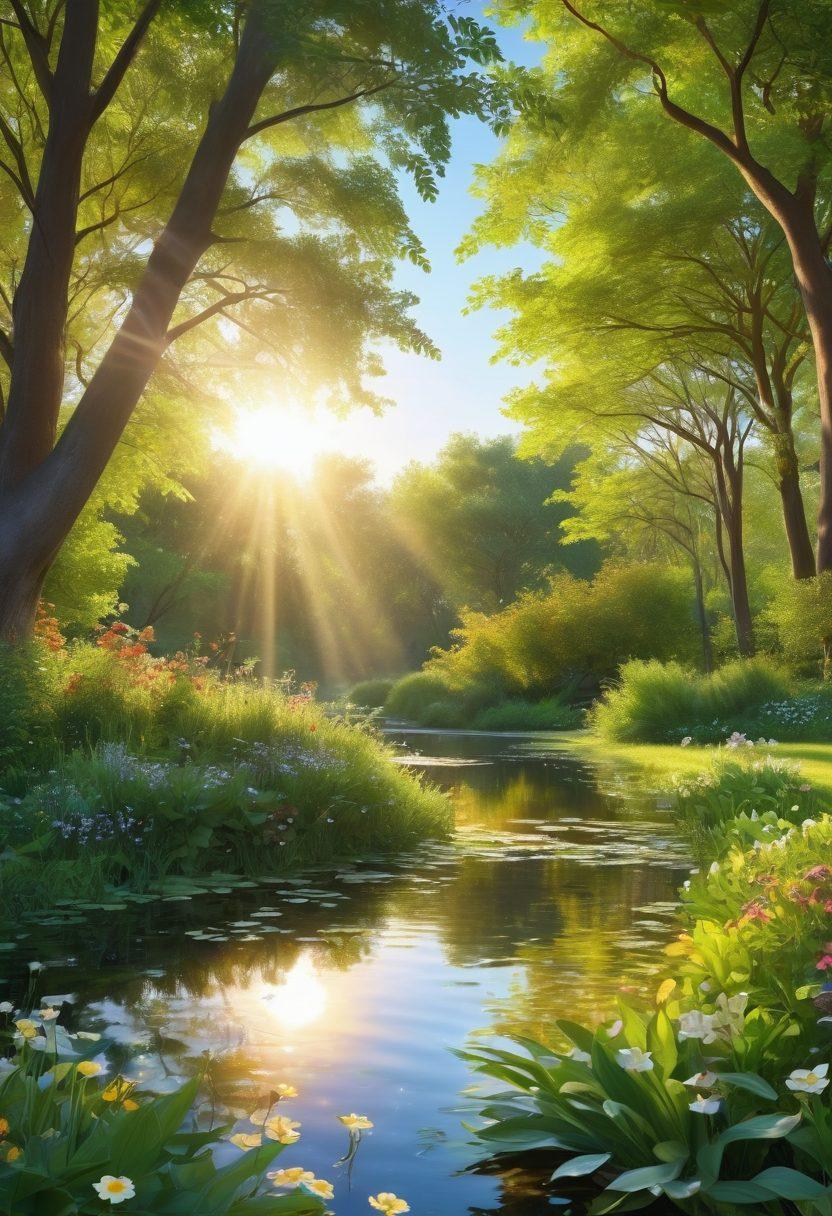 A sunlit morning scene featuring a diverse group of joyful people engaging in uplifting activities like yoga, painting, and gardening in a lush park. Vibrant flowers bloom, and butterflies flutter around, symbolizing bliss and happiness. The atmosphere exudes warmth and positivity, with soft, golden sunlight streaming through green trees. Include elements of nature like a small pond reflecting the sky. super-realistic. vibrant colors. 3D.