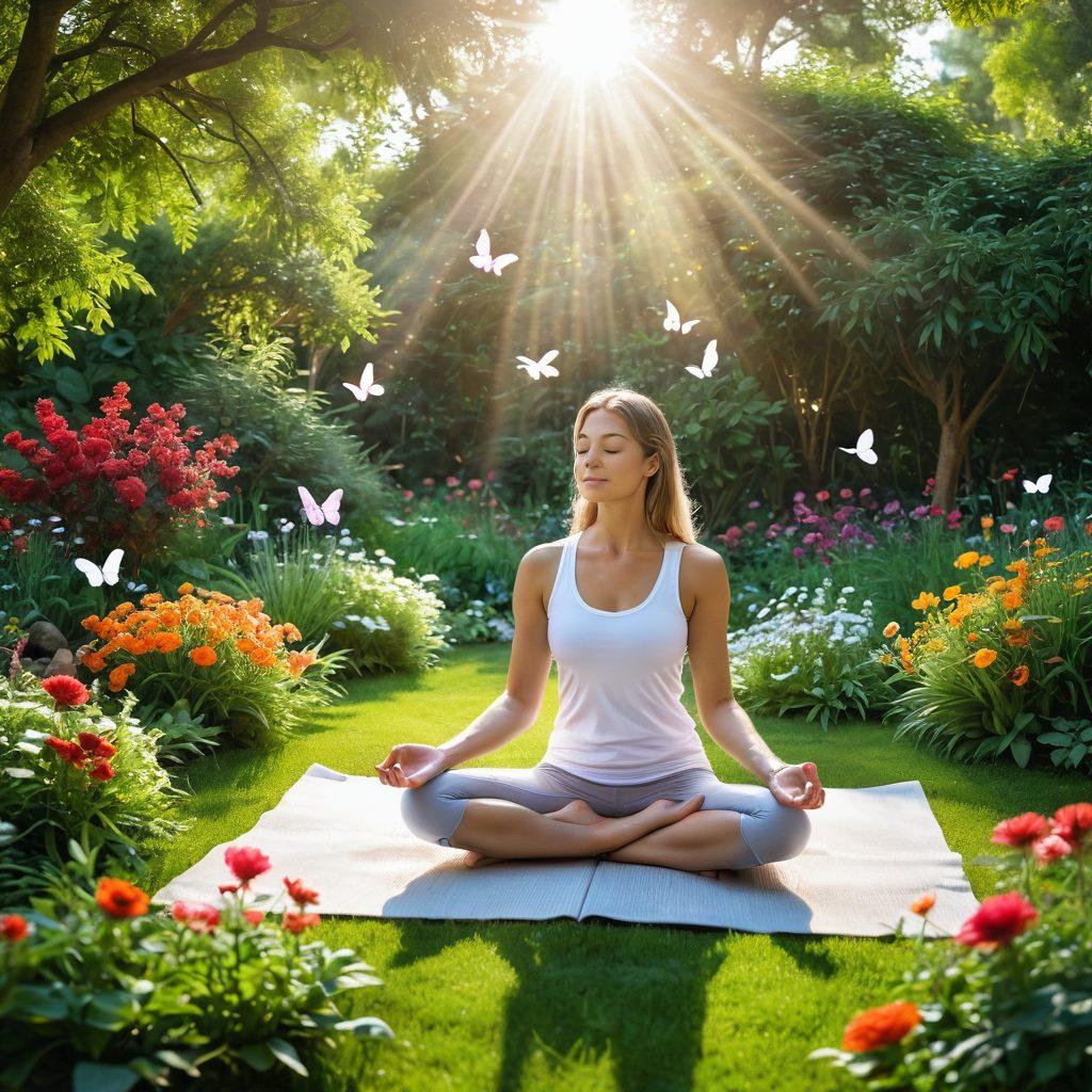 A serene morning scene depicting a person joyfully practicing yoga in a sunlit garden filled with vibrant flowers and greenery. Surround the individual with floating symbols of happiness like butterflies and sun rays, while a soft, colorful aura emanates from them, symbolizing natural joy. Incorporate elements like a steaming cup of herbal tea on a nearby table and gentle birds in the background to enhance the sense of blissful routine transformation. super-realistic. vibrant colors. peaceful atmosphere.